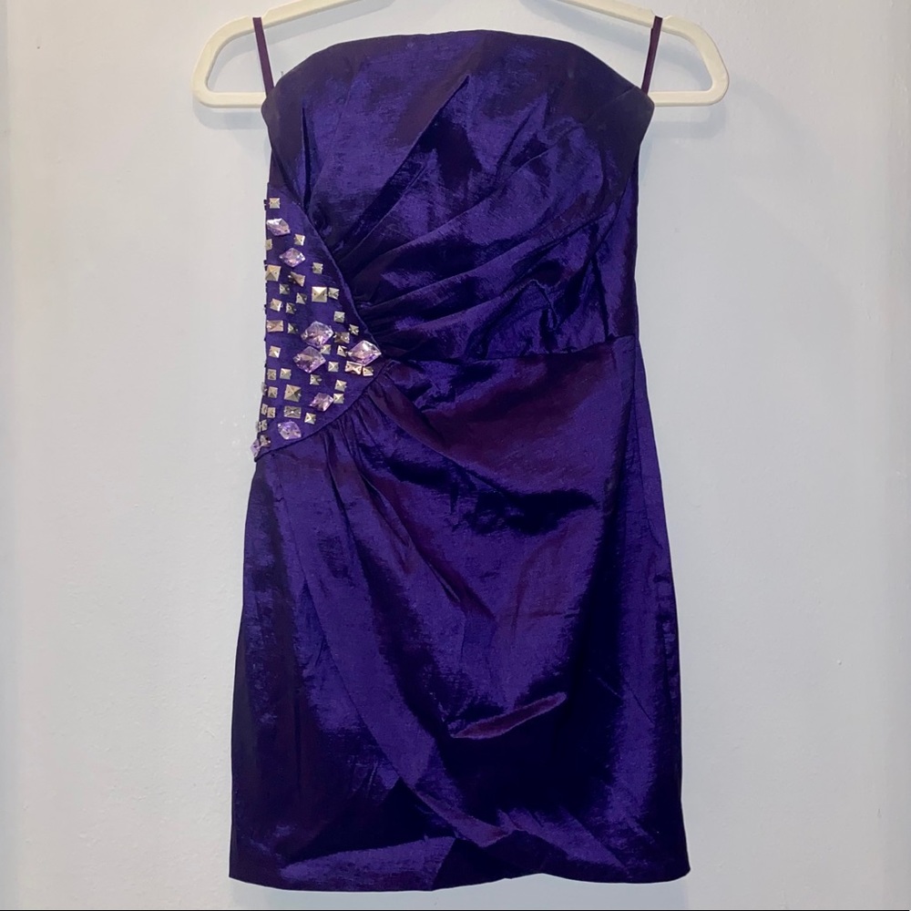 Cache Purple Rhinestone Strapless Mini Dress